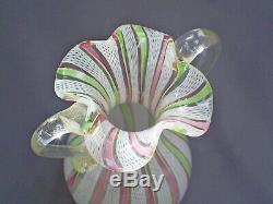 Fine Vintage Venetian Murano Latticino Zanfirico Ribbon Gold Leaf Art Glass Vase