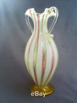 Fine Vintage Venetian Murano Latticino Zanfirico Ribbon Gold Leaf Art Glass Vase