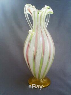 Fine Vintage Venetian Murano Latticino Zanfirico Ribbon Gold Leaf Art Glass Vase