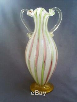 Fine Vintage Venetian Murano Latticino Zanfirico Ribbon Gold Leaf Art Glass Vase