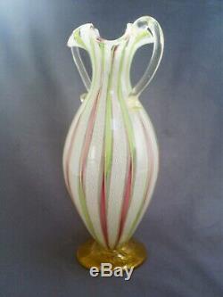Fine Vintage Venetian Murano Latticino Zanfirico Ribbon Gold Leaf Art Glass Vase