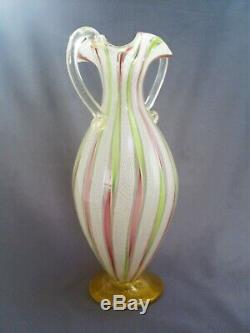 Fine Vintage Venetian Murano Latticino Zanfirico Ribbon Gold Leaf Art Glass Vase