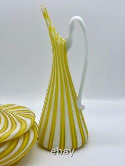 Fratelli Toso Ribbon Striped Pitcher Lidded Box Set Murano Italy Vintage Glass