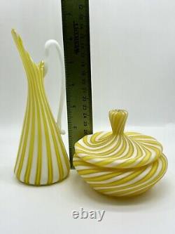 Fratelli Toso Ribbon Striped Pitcher Lidded Box Set Murano Italy Vintage Glass