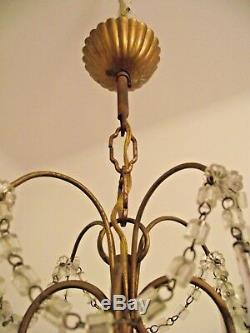 French Vintage Gilt Brass 4 Arm Ceiling Light Purple Murano Glass Droplets 1046