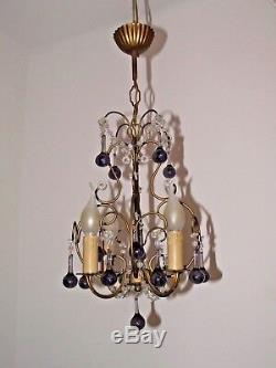 French Vintage Gilt Brass 4 Arm Ceiling Light Purple Murano Glass Droplets 1046