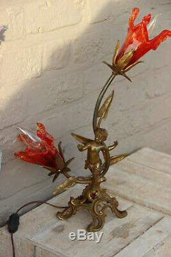 French Vintage bronze putti table lamp red Murano glass shades