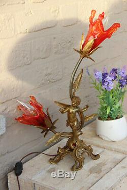 French Vintage bronze putti table lamp red Murano glass shades