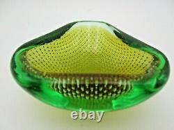 Galliano Ferro Murano sommerso green & amber art glass bullicante bowl 60s RARE