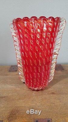 Gigantic Ercole Barovier Vintage Murano Red Gold Glass Vase
