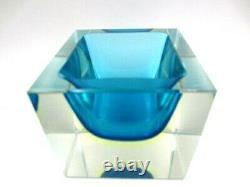 Glowing Poli Seguso era Murano blue & UV sommerso art glass facet cut block bowl