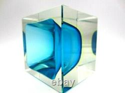 Glowing Poli Seguso era Murano blue & UV sommerso art glass facet cut block bowl