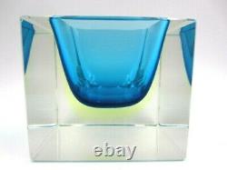 Glowing Poli Seguso era Murano blue & UV sommerso art glass facet cut block bowl