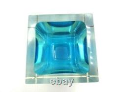 Glowing Poli Seguso era Murano blue & UV sommerso art glass facet cut block bowl