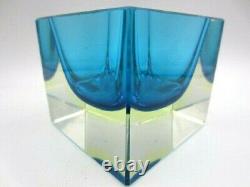 Glowing Poli Seguso era Murano blue & UV sommerso art glass facet cut block bowl