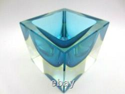 Glowing Poli Seguso era Murano blue & UV sommerso art glass facet cut block bowl