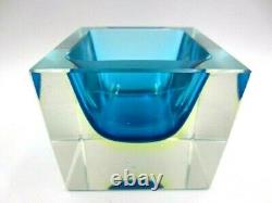 Glowing Poli Seguso era Murano blue & UV sommerso art glass facet cut block bowl