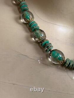 Gorgeous Vintage Murano Necklace Green & Gold Glass Beads & slices 17