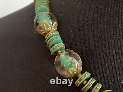 Gorgeous Vintage Murano Necklace Green & Gold Glass Beads & slices 17