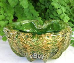Gorgeous Vtg. Barovier Murano Glass Ashtray Green With Heavy Gold Aventurine