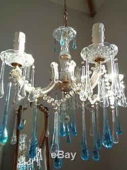 Gorgeous vintage french glass clad chandelier blue murano drops