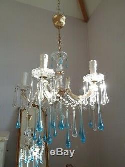 Gorgeous vintage french glass clad chandelier blue murano drops
