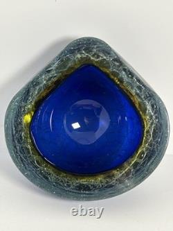HTF Vintage Murano Glass Bowl withCrackle Blue Orange Nice