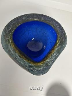 HTF Vintage Murano Glass Bowl withCrackle Blue Orange Nice