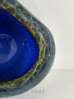 HTF Vintage Murano Glass Bowl withCrackle Blue Orange Nice