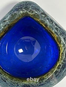 HTF Vintage Murano Glass Bowl withCrackle Blue Orange Nice