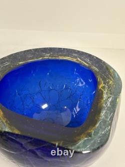 HTF Vintage Murano Glass Bowl withCrackle Blue Orange Nice