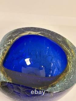 HTF Vintage Murano Glass Bowl withCrackle Blue Orange Nice