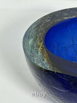 HTF Vintage Murano Glass Bowl withCrackle Blue Orange Nice