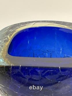 HTF Vintage Murano Glass Bowl withCrackle Blue Orange Nice