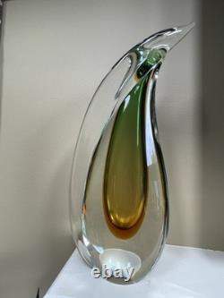 HUGE Vintage Italian Sommerso Murano Glass Vase Green Brown Amber 17h