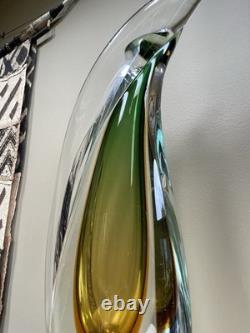 HUGE Vintage Italian Sommerso Murano Glass Vase Green Brown Amber 17h