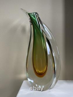 HUGE Vintage Italian Sommerso Murano Glass Vase Green Brown Amber 17h