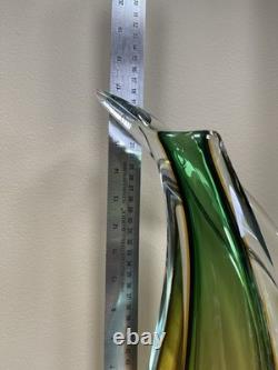 HUGE Vintage Italian Sommerso Murano Glass Vase Green Brown Amber 17h