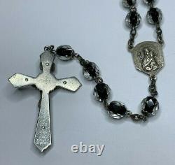 Htf Vintage Sterling Black & Clear Murano Faceted Glass Rosary Necklace 30