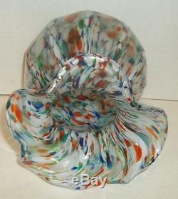 Italian Murano Splatter Art Glass Vase Scalloped Rim Large Vintage Multi Colored