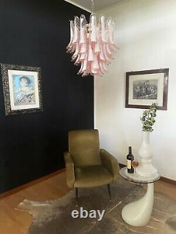 Italian vintage Murano chandelier Mazzega 41 pink lattimo glass petals