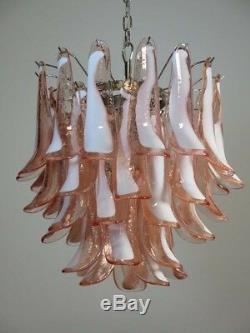 Italian vintage Murano chandelier Mazzega 41 pink lattimo glass petals