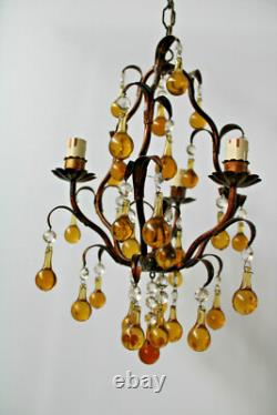 Italian vintage Murano glass amber drops 3 arm chandelier lamp 1970