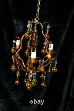 Italian vintage Murano glass amber drops 3 arm chandelier lamp 1970