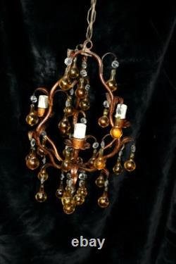 Italian vintage Murano glass amber drops 3 arm chandelier lamp 1970