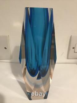 Large Blue vintage mid century Murano Faceted Tri Colour Sommerso Block Vase 7