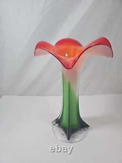 Large Murano Style Vase Colorful Calla Lily 14x9 Vintage Art Glass