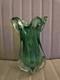 Large Sommerso Murano Glass Vase Green Ribbed Vintage