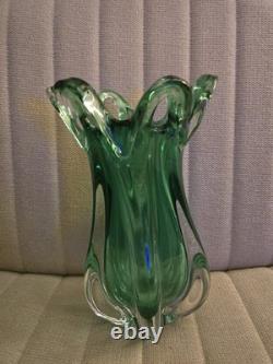 Large Sommerso Murano Glass Vase Green Ribbed Vintage
