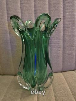 Large Sommerso Murano Glass Vase Green Ribbed Vintage